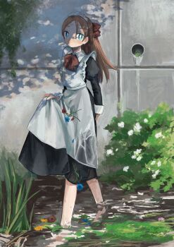 1girl absurdres apron black_dress blue_eyes blue_flower bow bowtie bright_pupils brown_hair bush dress expressionless flower hair_bow highres juliet_sleeves long_sleeves looking_at_viewer maid_apron moss original plant puffy_sleeves red_bow red_bowtie red_flower shade sionsakana skirt_hold solo water wet wet_clothes wet_dress white_apron white_pupils yellow_flower