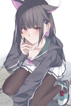 1girl absurdres black_hair black_hoodie black_pantyhose blue_archive closed_mouth collarbone colored_inner_animal_ears colored_inner_hair glowing glowing_halo halo highres hood hoodie kazusa_(blue_archive) looking_at_viewer multicolored_hair pantyhose pink_hair pink_halo red_eyes shoes simple_background skirt smile sneakers solo squatting toorisugari_no_dechikou two-tone_hair white_background white_skirt