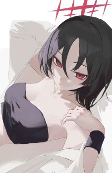 1girl absurdres arm_behind_head bare_shoulders bikini black_bikini black_hair blue_archive breasts closed_mouth collarbone commentary hair_between_eyes halo highres large_breasts light_blush long_hair looking_at_viewer lying matcha_(matttttya1) misaki_(blue_archive) misaki_(swimsuit)_(blue_archive) open_clothes open_shirt red_eyes red_halo shirt simple_background solo swimsuit upper_body white_background white_shirt wristband