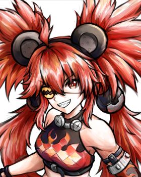 1girl ahoge andrewaprilio animal_ears bare_shoulders bear_ears black_gloves breasts commentary crop_top eyepatch fake_animal_ears gloves hair_between_eyes hair_ornament highres koleda_belobog long_hair looking_at_viewer red_eyes red_hair solo sphere_hair_ornament twintails zenless_zone_zero