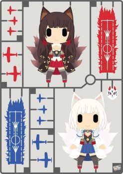 2girls aircraft aircraft_carrier airplane akagi_(azur_lane) animal_ear_fluff animal_ears artist_logo artist_name azur_lane black_legwear blue_skirt blunt_bangs bob_cut brown_cape brown_hair cape chrysanthemum flight_deck flower fox_ears fox_girl fox_mask fox_tail hair_tubes japanese_clothes kaga_(azur_lane) kitsune kuhl-notes kyuubi logo mask military military_vehicle model model_kit model_ship multiple_girls multiple_tails pleated_skirt rudder rudder_footwear shikigami ship short_hair sidelocks skirt smile sprue tail thighhighs warship watercraft weapon white_cape white_hair