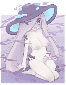 Rule 34 | 1girl, bags under eyes, bar censor, barefoot, blue eyes, blush, border, breasts, censored, cleft of venus, colored skin, commentary request, completely nude, constricted pupils, drooling, erection, full body, fungi, futanari, hair over one eye, highres, inverted nipples, long hair, looking at viewer, medium breasts, mouth drool, multicolored eyes, mushroom, mushroom girl, mushroom hat, nipples, nude, one eye covered, open mouth, original, penis, purple eyes, purple hair, pussy, saliva, saliva trail, seiza, sitting, smile, smoke, solo, unarsite, very long hair, white border, white skin