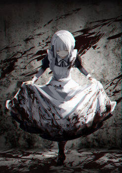 Rule 34 | 1girl, absurdres, apron, blood, blood on clothes, blood on wall, blood splatter, braid, chromatic aberration, closed eyes, commentary request, curtsey, highres, juliet sleeves, long sleeves, maid, maid headdress, neck ribbon, open mouth, original, puffy sleeves, ribbon, short hair, skirt hold, sleeve cuffs, smile, solo, white hair, yuiragi yuki