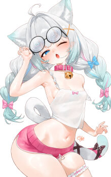 1girl absurdres animal_ears bell black-framed_eyewear blue_eyes braid breasts cat_ears cat_girl cat_tail collar fang green_hair grey_hair hair_ornament highres indie_virtual_youtuber jingle_bell long_hair looking_at_viewer mila_(milaart12) mint_fantome mint_fantome_(otaku) multicolored_hair one_eye_closed pink_collar pink_hair pink_shorts round_eyewear shirt shorts skin_fang small_breasts solo streaked_hair tail twin_braids virtual_youtuber white_shirt x_hair_ornament