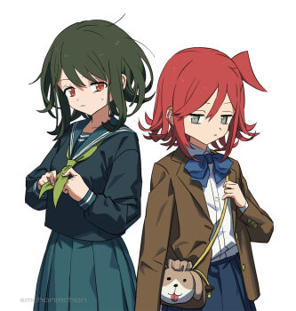 2girls adjusting_neckerchief animal_print blazer blue_bow blue_bowtie blue_skirt bow bowtie brown_jacket closed_mouth collarbone collared_shirt commentary cowboy_shot dog_print dress_shirt green_eyes green_hair green_neckerchief green_sailor_collar green_serafuku green_shirt green_skirt hand_up hands_up hashtag-only_commentary holding_pouch jacket long_sleeves looking_to_the_side mchonmchon messy_hair multiple_girls neckerchief orange_eyes original parted_lips red_hair sailor_collar school_uniform serafuku shirt short_hair side_ponytail sidelocks simple_background skirt sweatdrop wavy_hair wavy_mouth white_background