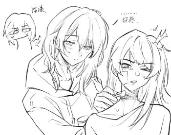 Rule 34 | 3girls, bandaid, bandaid on face, bang dream!, bang dream! it's mygo!!!!!, chinese commentary, chinese text, commentary request, greyscale, hero45439083942, highres, hood, hoodie, injury, long hair, mole, mole under eye, monochrome, multiple girls, original, shiina mirei, simple background, sweatdrop, togawa hazuki, translation request, wakaba muna, white background