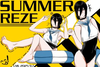 1girl absurdres black_choker black_hair black_one-piece_swimsuit blue_neckerchief chainsaw_man choker closed_mouth crop_top feet green_eyes hair_between_eyes highres lml1880828 multiple_views neckerchief one-piece_swimsuit reze_(chainsaw_man) sailor_collar sailor_shirt shirt smile swimsuit white_shirt