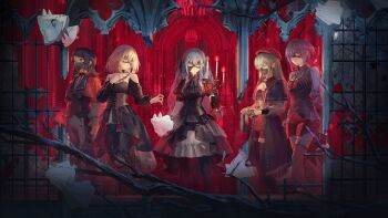 5girls absurdres amoris_(bang_dream!) arknights artist_request ascot ave_mujica_(bang_dream!) bang_dream! bang_dream!_it&#039;s_mygo!!!!! beret black_ascot black_capelet black_corset black_dress black_gloves black_hair black_mask black_pantyhose black_ribbon black_skirt black_vest blonde_hair blue_hair broken_window brown_corset capelet chandelier clothing_cutout corset doloris_(bang_dream!) dress earrings garter_straps ghost gloves green_hair hair_ribbon hat highres holding holding_sword holding_weapon jewelry mask masquerade_mask medium_hair misumi_uika mortis_(bang_dream!) mortis_(costume)_(bang_dream!) mouth_mask multiple_girls oblivionis_(bang_dream!) official_art pants pantyhose pink_eyes purple_hair red_capelet red_hat red_shirt red_shorts red_thighhighs ribbon ruins shirt short_hair short_sleeves shorts shoulder_cutout skirt stuffed_animal stuffed_rabbit stuffed_toy sword thighhighs timoris_(bang_dream!) togawa_sakiko vest wakaba_mutsumi weapon white_pants yahata_umiri yellow_eyes yuutenji_nyamu