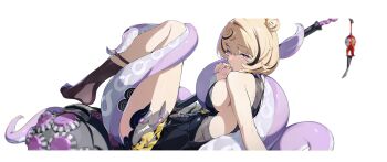 1girl absurdres arm_support blonde_hair breasts female_focus from_side hammer highres large_breasts looking_at_viewer mindscape_cinema_(zenless_zone_zero) nail_polish official_art purple_eyes short_hair sideboob sitting solo tentacles yidhari_murphy zenless_zone_zero
