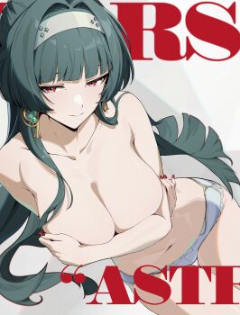 1girl absurdres astra_yao black_hair breasts character_name collarbone comiket_107 commentary_request covering_breasts covering_privates cowboy_shot earrings fingernails grey_background hair_intakes hairband half-closed_eyes highres jewelry large_breasts long_hair looking_to_the_side mindscape_cinema_(zenless_zone_zero) mole mole_under_eye navel panties parted_lips red_eyes red_nails shiina_michiru solo stomach two-tone_background underwear white_background white_hairband white_panties zenless_zone_zero