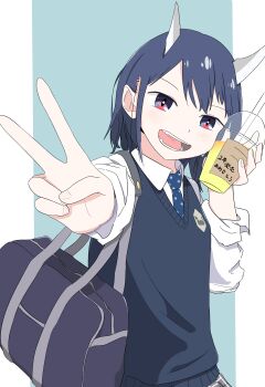 1girl absurdres aoki_ruri bag blue_background blue_eyes blue_hair blue_sweater bow bowtie dragon_girl dragon_horns female_focus grey_skirt highres horns medium_hair open_mouth plaid_clothes plaid_skirt ruridragon school_bag school_uniform shirt simple_background skirt smile solo sweater tongue v white_background white_shirt