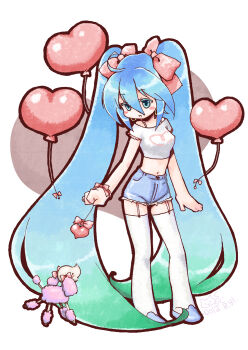 10s 1girl 2012 balloon blue_eyes blue_hair dated dog earrings female_focus garter_straps hair_ribbon hatsune_miku heart heart_balloon highres honeyshibi jewelry long_hair matching_hair/eyes midriff navel poodle ribbon shibi shorts solo thighhighs twintails very_long_hair vocaloid