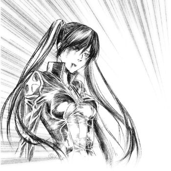 1girl black_hair black_jacket black_order_uniform blood blood_from_mouth breasts bruise bruise_on_face closed_mouth cross d.gray-man expressionless front_zipper greyscale hair_between_eyes injury jacket lenalee_lee long_hair looking_down medium_breasts monochrome njiyaaa sidelocks sketch solo twintails very_long_hair