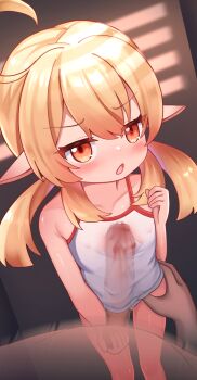 1boy 1girl absurdres ahoge akimiya_yamiku blonde_hair blush breasts brown_eyes camisole censored cum cum_in_clothes ejaculation erection genshin_impact highres klee_(genshin_impact) loli long_hair looking_at_viewer mosaic_censoring naizuri naizuri_under_clothes open_mouth paizuri panties penis penis_under_another's_clothes pointy_ears pov see-through_camisole see-through_clothes small_breasts testicle_grab thigh_grab thighs twintails underwear underwear_only white_camisole white_panties