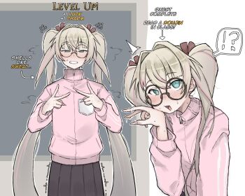 !? 1girl arrow_(symbol) black_skirt blonde_hair blue_eyes blush double_v english_text flying_sweatdrops glasses grin hair_between_eyes hair_intakes hair_ribbon highres jacket level_up long_hair long_sleeves nose_blush open_mouth phase_connect pink_jacket pleated_skirt pussy_juice pussy_juice_on_fingers red_ribbon ribbon rinkou_ashelia rinkou_ashelia_(lia_2.0) round_eyewear skirt smile sweat track_jacket trembling twintails v very_long_hair virtual_youtuber zipper_pull_tab zlix0n