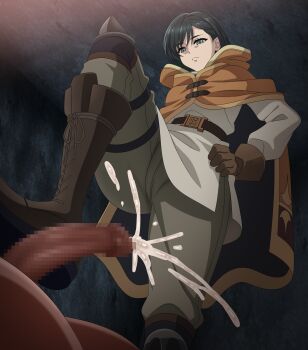 1boy 1girl absurdres bdsm bootjob brown_gloves brown_hood censored clothed_female_nude_male commentary_request cum ejaculation femdom footjob gloves green_eyes green_hair highres lily_(nier:automata) mosaic_censoring nier:automata nier_(series) nude penis sadism short_hair sirano