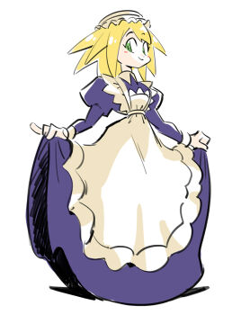 1girl alternate_costume apron black_dress blonde_hair blush cheesecakes_by_lynx closed_mouth commentary dress english_commentary full_body green_eyes juliet_sleeves long_hair long_sleeves looking_at_viewer maid maid_apron maid_headdress mega_man_(series) mega_man_legends_(series) puffy_sleeves roll_caskett_(mega_man) skirt_hold smile solo white_background