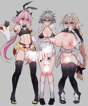 Rule 34 | 1boy, 1futa, 1girl, animal ears, astolfo (fate), astolfo (saber) (fate), bar censor, bare shoulders, bikini, bikini top only, black bow, black gloves, black thighhighs, blonde hair, blush, bottomless, bow, bowtie, braid, braided ponytail, breasts, censored, commentary request, covered erect nipples, crop top, detached sleeves, erection, fang, fate/apocrypha, fate/zero, fate (series), female pubic hair, full body, futanari, gloves, grey background, grey hair, hair between eyes, hair bow, hair intakes, haoro, headpiece, heart, heart-shaped pupils, highres, huge breasts, huge penis, jeanne d'arc (fate), jeanne d'arc (ruler) (fate), large breasts, large penis, long braid, long hair, long sleeves, looking at viewer, multicolored hair, multiple boys, multiple futa, multiple girls, navel, nipples, open mouth, penis, pink hair, pubic hair, puffy nipples, purple eyes, rabbit ears, red eyes, shirt, sieg (fate), simple background, single braid, skin fang, smile, socks, standing, steaming body, streaked hair, swimsuit, symbol-shaped pupils, testicles, thighhighs, trap, twintails, two-tone hair, very long hair, white hair, white shirt