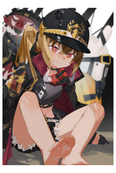 1girl absurdres bare_legs barefoot belt black_belt black_choker black_gloves black_jacket black_shirt black_shorts blonde_hair blush breasts bu_hui_hua_hua_de choker closed_mouth cropped_shirt crossed_bangs feet gloves hair_between_eyes half_gloves helmet highres jacket knees_up loli long_hair long_sleeves looking_at_viewer luciana_de_montefio midriff nail_polish navel on_ground open_clothes open_jacket orange_eyes shirt shorts side_ponytail simple_background small_breasts smile soles solo toenail_polish toenails toes white_background zenless_zone_zero