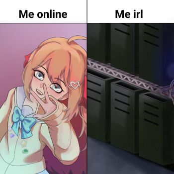 1girl :d ahoge badge blue_bow blue_bowtie blue_eyes blue_sailor_collar bow bowtie brown_hair button_badge cardigan commentary contrast english_commentary hair_between_eyes hair_ornament hair_ribbon head_tilt heart heart_hair_ornament highres long_hair looking_at_viewer meme neuro-sama nightmaremask07 open_mouth purple_background red_ribbon ribbon sailor_collar school_uniform serafuku server shoulder_tilt smile teeth two_side_up upper_body upper_teeth_only vedal_ai virtual_youtuber w yellow_cardigan