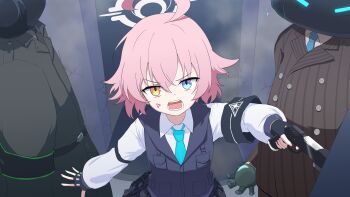 1girl 3boys absurdres ahoge android_(blue_archive) anger_vein black_gloves black_skirt black_vest blue_archive blue_eyes blue_necktie collared_shirt fingerless_gloves gloves gun halo heterochromia highres holding holding_gun holding_weapon hoshino_(blue_archive) hoshino_(first_year)_(blue_archive) hoshino_(young)_(blue_archive) indoors kiroshi korean_commentary long_sleeves multiple_boys necktie open_mouth pink_hair pleated_skirt shirt short_hair skirt vest weapon white_shirt yellow_eyes