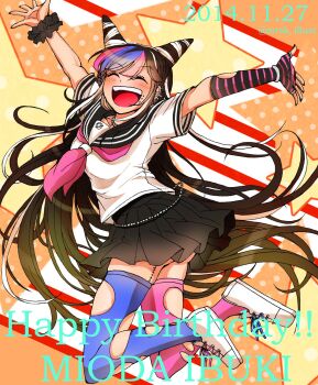 1girl arms_up black_hair black_nails black_sailor_collar black_skirt blue_hair blue_streaks blush character_name closed_eyes collared_shirt commentary_request danganronpa_(series) danganronpa_2:_goodbye_despair dated ear_piercing elbow_gloves english_text eyelashes face_piercing fingerless_gloves fingernails full_body gloves hair_horns happy_birthday highres jewelry long_hair mioda_ibuki mismatched_thighhighs mouth_piercing multicolored_hair multiple_rings murasaki_(deceive138) nail_polish neckerchief open_mouth piercing pink_hair pink_neckerchief pink_streaks ring sailor_collar school_uniform scrunchie serafuku shirt shoelaces shoes short_sleeves single_elbow_glove single_fingerless_glove single_glove skirt smile solo star_(symbol) stitches streaked_hair striped_clothes striped_gloves teeth thighhighs torn_clothes torn_thighhighs twitter_username two-tone_gloves upper_teeth_only white_hair white_shirt white_shoes wrist_scrunchie