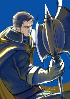 Rule 34 | 1boy, axe, battle axe, blue background, commentary request, fire emblem, fire emblem: path of radiance, gloves, greil, highres, holding, holding weapon, male focus, nintendo, scar, scar on face, scar on forehead, short hair, solo, studio sugimoto, weapon
