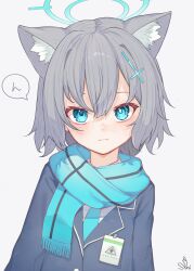 Rule 34 | 1girl, animal ear fluff, animal ears, black jacket, blazer, blue archive, blue eyes, blue halo, blue necktie, blue scarf, blush, closed mouth, cross hair ornament, grey hair, hair between eyes, hair ornament, halo, highres, jacket, long sleeves, looking at viewer, medium hair, mismatched pupils, necktie, scarf, shiroko (blue archive), shiroko (young) (blue archive), shirt, signature, simple background, solo, tachibana shiori (suica 112), traditional media, upper body, white background, white shirt, wolf ears