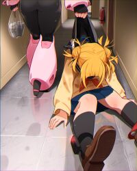2girls absurdres alcohol ankle_monitor ass bag beer beer_can black_socks blonde_hair blue_skirt bodysuit boku_no_hero_academia brown_cardigan brown_shoes can cardigan double_bun dragging drink_can fingerless_gloves fire_extinguisher gloves hair_bun hallway highres holding holding_bag khyle. modelo_(beer) multiple_girls neckerchief red_neckerchief school_uniform serafuku shoes short_hair skirt socks toga_himiko tracking_device uraraka_ochako uraraka_ochako_(hero_outfit) walking