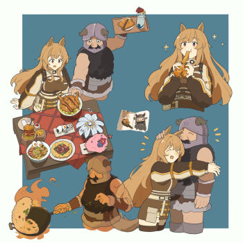 1boy 1girl :d animal_ears aqua_background arknights bare_shoulders beard black_eyes black_hair border brown_hair brown_jacket brown_vest burger ceobe_(arknights) chewing chicken_(food) commentary cooking cup doodles drinking_glass dungeon_meshi eating elysiium english_commentary facial_hair food fried_egg frying_pan grey_horns hand_on_another&#039;s_head happy headpat heads_together helmet highres holding holding_food holding_plate holding_tray horns horns_through_headwear hug jacket long_beard long_hair long_sleeves mustache notice_lines open_mouth orange_eyes outside_border plate rice senshi_(dungeon_meshi) simple_background smile sparkle standing toned toned_male tray vest white_border wristband