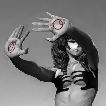 1boy absurdres armpits artist_name bon99bunny circle clitoris commentary curly_hair face_piercing fear_&amp;_hunger_(series) fear_&amp;_hunger_2:_termina from_below grey_background hand_shadow_covering_breasts_(meme) highres long_hair looking_at_viewer marina_(fear_&amp;_hunger) meme mouth_piercing no_nipples nude one_eye_covered open_hands outstretched_arms outstretched_hand parted_lips partially_colored pectorals piercing pussy scar scar_on_hand shadow shadow_censor shadow_puppet simple_background solo spread_fingers standing upper_body