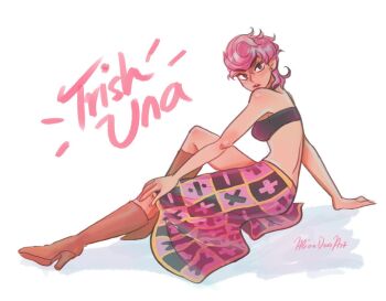1girl alicia_rose artist_name black_bra boots bra brown_boots character_name choker commentary english_commentary high_heel_boots high_heels jojo_no_kimyou_na_bouken looking_at_viewer math pompadour short_hair simple_background sitting skirt solo trish_una underwear vento_aureo white_background