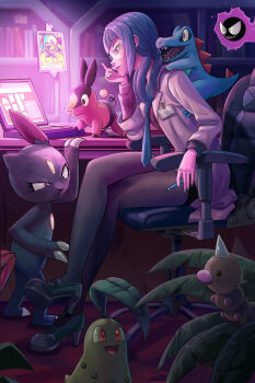 1girl black_dress blonde_hair blue_eyes blue_hair canari_(pokemon) chair chikorita commentary computer dress english_commentary gaming_chair gastly gen_1_pokemon gen_2_pokemon gen_4_pokemon gen_5_pokemon hair_rings high_heels highres lab_coat laptop mable_(pokemon) mask mouth_mask multicolored_hair necktie nintendo pantyhose pen pencilequipped plant pokemon pokemon_(creature) pokemon_legends:_z-a potted_plant rotom rotom_phone safety_glasses sneasel split-color_hair swivel_chair team_flare tepig totodile weedle