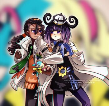 1boy 1girl absurdres artist_name belt belt_buckle black_dress black_pants blue_gloves blunt_bangs blush bob_cut brown_hair buckle canari_(pokemon) canari_plush_(pokemon) character_doll closed_mouth coat commentary dark-skinned_male dark_skin doll dress english_commentary gloves gradient_hair green_necktie gwynn_(pokemon) hair_between_eyes hat highres jacket locked_arms long_hair long_sleeves looking_at_another multicolored_hair naveen_(pokemon) necktie nintendo o-ring o-ring_belt open_clothes open_coat open_jacket pants pantyhose partially_fingerless_gloves pokemon pokemon_legends:_z-a pout purple_eyes purple_pantyhose short_hair temerohimitaki white_coat white_jacket