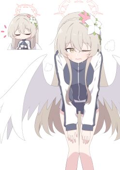 1girl absurdres alternate_costume angel_wings blue_archive brown_eyes brown_hair closed_eyes commentary cup flower gym_uniform hagoonha hair_flower hair_ornament halo highres long_hair looking_at_viewer nagisa_(blue_archive) teacup thighs white_wings wings