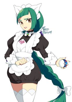 1girl apron black_romper blunt_bangs bow bowtie braid braided_ponytail great_ball green_hair holding holding_poke_ball juliet_sleeves lebanne_(pokemon) long_braid long_hair long_sleeves maid_apron maid_headdress mega_stone nintendo pink_lips poke_ball pokemon pokemon_legends:_z-a puffy_sleeves romper solo thighhighs tsurime white_bow white_bowtie white_thighhighs yuita_ro