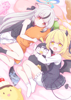 2girls :d animal_ears bed_sheet black_dress black_hair black_horns black_ribbon black_socks black_tail black_wings blonde_hair bloomers blue_archive blue_halo bobby_socks china_dress chinese_clothes closed_mouth commentary_request demon_horns demon_tail demon_wings dress gradient_hair grey_hair hair_ribbon halo harada_(sansei_rain) highres horns hugging_object ibuki_(blue_archive) kokona_(blue_archive) long_hair long_sleeves looking_at_viewer lying multicolored_hair multiple_girls no_shoes on_side open_mouth peroro_(blue_archive) pinafore_dress pointy_ears puffy_long_sleeves puffy_sleeves red_eyes ribbon shirt side_ponytail sleeveless sleeveless_dress smile socks streaked_hair striped_clothes striped_dress stuffed_animal stuffed_carrot stuffed_toy tail tiger_ears tiger_girl underwear vertical-striped_clothes vertical-striped_dress very_long_hair white_bloomers white_shirt white_socks wings yellow_eyes yellow_halo