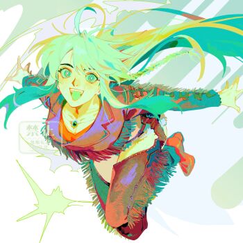 Rule 34 | 1girl, :d, absurdres, blue shorts, blush, bracelet, braid, breasts, brown chaps, brown pantyhose, brown shoes, colored inner hair, colored tongue, cowlick, cropped jacket, denim, denim jacket, diamond-shaped pupils, diamond (shape), epaya hakase, fate/grand order, fate (series), floating hair, flying, fringe-trimmed jacket, fringe trim, full body, gem, green eyes, green gem, green hair, green light, green snake, green theme, green tongue, hair floating upwards, happy, high heels, highres, jacket, jewelry, knees up, kukulkan (fate), kukulkan (first ascension) (fate), leaning forward, legs together, long sidelocks, looking at viewer, medium breasts, midriff, multicolored hair, necklace, nose, open clothes, open hands, open mouth, outstretched arms, pale skin, pantyhose, quetzalcoatl (mythology), raised eyebrows, sharp teeth, shoes, shorts, sidelocks, silver necklace, simple background, single braid, smile, snake girl, snake print, solo, straight-on, swept bangs, symbol-shaped pupils, teeth, thighs, two-tone hair, upper teeth only, white background, white hair, wide-eyed