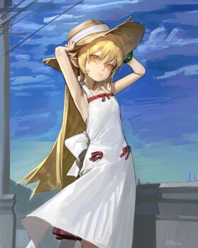 1girl absurdres apron apron_flip armpits arms_up back_bow bare_arms blonde_hair blue_sky blush_stickers bow bow_apron bracelet closed_mouth cloud collarbone cowboy_shot day expressionless flat_chest from_side hair_between_eyes hair_flaps halterneck hands_on_headwear hat hat_ribbon highres jewelry long_apron long_hair looking_at_viewer mieze050414 monogatari_(series) nose oshino_shinobu outdoors pointy_ears power_lines red_skirt ribbon sidelocks skirt sky solo straw_hat twitter_username utility_pole very_long_hair waist_bow white_apron white_bow white_ribbon wind yellow_eyes