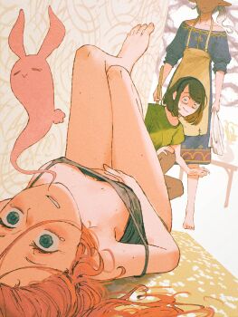 3girls animal_ears apron asimov_(spindle_(aidenr0)) black_hairband blue_dress blue_eyes brown_hair brown_panties caught dress feet felt_(spindle_(aidenr0)) ghost ghost_tail giving_up_the_ghost green_eyes green_shirt grey_tank_top hairband highres multiple_girls original ottilie_(spindle_(aidenr0)) panties pink_hair ponytail rabbit_ears rabbit_girl rabbit_tail rubber_band shirt short_hair single_bare_shoulder spindle_(aidenr0) table tail tank_top underwear white_hair yellow_apron