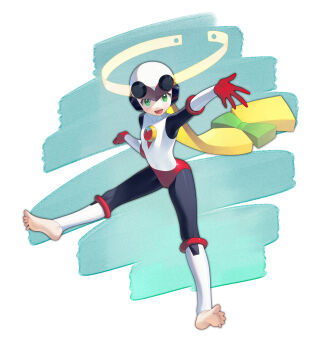 1girl absurdres alternate_universe barefoot blonde_hair bodysuit bow buzzsaw_(6631455) gloves green_bow green_eyes helmet highres long_hair mega_man_(series) mega_man_battle_network_(series) open_mouth red_gloves roll.exe_(mega_man) smile soles toes white_bodysuit white_helmet