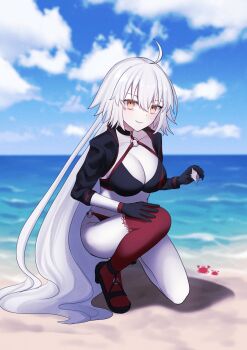 1girl beach bikini black_bikini black_gloves black_jacket blue_sky brown_eyes commentary_request crab cropped_jacket day fate/grand_order fate_(series) gloves grey_hair highres jacket jeanne_d&#039;arc_alter_(fate) jeanne_d&#039;arc_alter_(swimsuit_berserker)_(fate) long_hair long_sleeves looking_at_viewer ocean outdoors red_thighhighs roro_982 sand seashell shadow shell single_thighhigh sky smile swimsuit thighhighs very_long_hair