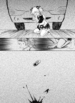 1girl animal blood car car_crash cat check_commentary comic commentary commentary_request death flashback greyscale hair_ribbon holding holding_animal kaname_madoka kneeling mahou_shoujo_madoka_magica mitakihara_school_uniform monochrome motor_vehicle no+bi= open_mouth ribbon road school_uniform shaded_face shoe_loss short_hair sweatdrop teeth thighhighs twintails