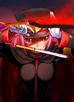 arcana_heart arcana_heart_3 dark_heart_(arcana_heart) gloves knife knife_in_mouth pink_hair red_eyes sword weapon