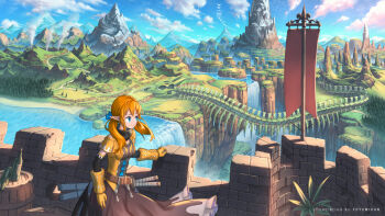 1girl banner barrel bird blue_bow blue_eyes blue_sky bottle bow brown_hair brown_skirt closed_mouth commentary_request day elf fantasy flower_pot hair_bow highres long_skirt low_twintails medium_hair mountainous_horizon nagi_itsuki orange_hair original outdoors plant pointy_ears potted_plant scenery skirt sky smile solo tree twintails