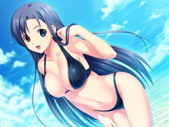 1girl beach bikini black_bikini black_hair blue_eyes breasts cleavage hand_on_own_thigh hand_on_thigh heterochromia koutaro large_breasts leaning_forward long_hair navel ocean open_mouth red_eyes saotome_nagi solo swimsuit thong_bikini tropical_kiss water