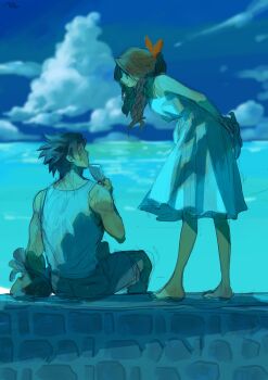 1boy 1girl absurdres aerith_gainsborough alternate_costume arms_behind_back bare_shoulders barefoot black_hair blue_sky brick_wall brown_hair cloud cloudy_sky crisis_core:_final_fantasy_vii dress final_fantasy final_fantasy_vii food from_behind from_side full_body hair_ribbon highres holding holding_food holding_popsicle holding_unworn_clothes horizon leaning_forward long_hair looking_at_another nul ocean outdoors pink_ribbon popsicle profile ribbon short_hair sitting sky spiked_hair standing sweatdrop tank_top white_dress white_tank_top zack_fair