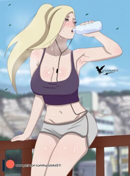 1girl absurdres agung911 armpits blonde_hair blue_sky blurry blurry_background blush bottle breasts cleavage drinking earbuds earphones exercising green_eyes hair_blowing highres holding holding_bottle jogging large_breasts long_hair mountain naruto_(classic) naruto_(series) navel on_railing outdoors patreon_username ponytail purple_tank_top railing short_shorts shorts signature sky sweat tank_top thighs water_bottle wind yamanaka_ino