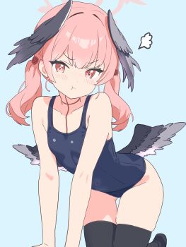 1girl :t absurdres all_fours black_thighhighs black_wings blue_archive blue_background blue_one-piece_swimsuit collarbone covered_navel halo head_wings highres koharu_(blue_archive) loli looking_at_viewer medium_hair ochazuke_(artist) one-piece_swimsuit pink_eyes pink_hair pink_halo school_swimsuit simple_background solo swimsuit thighhighs twintails wings