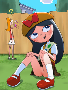 2girls ? belt black_eyes black_hair blush bow brown_belt brown_skirt candace_flynn cloud disney fence girl_scout grass hands_on_own_knees hat hat_bow highres holding holding_panties holding_underwear holding_unworn_clothes house isabella_garcia-shapiro loli long_hair looking_up mary_janes multiple_girls no_panties oira_wa_arumajiro open_mouth orange_hair orange_hat orange_vest panties phineas_and_ferb pink_panties pussy red_bow red_shirt red_shoes red_socks sash shirt shoes short_sleeves side-tie_panties sitting skirt sky sleeveless sleeveless_shirt smile socks standing teeth tree underwear unworn_panties vest white_shirt white_shoes white_skirt white_socks wooden_fence